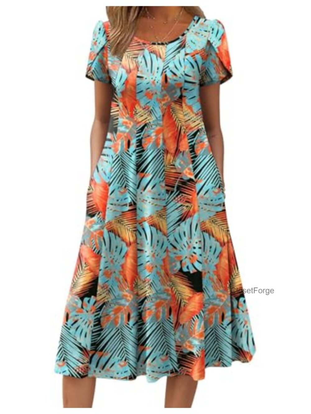 Women's Flowy Pleated Midi Sundress with Pockets, A-Line Short Sleeve Casual